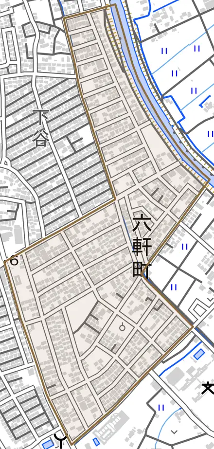 六軒町とその周辺の地図。町の範囲を重ねている