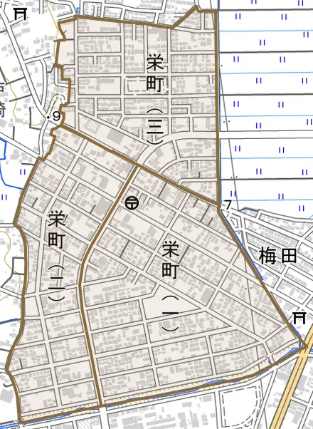 栄町とその周辺の地図。町の範囲を重ねている