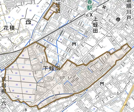 下蛭田とその周辺の地図。町の範囲を重ねている