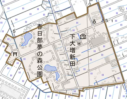 下大増新田とその周辺の地図。町の範囲を重ねている