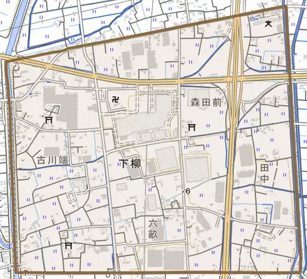 下柳とその周辺の地図。町の範囲を重ねている