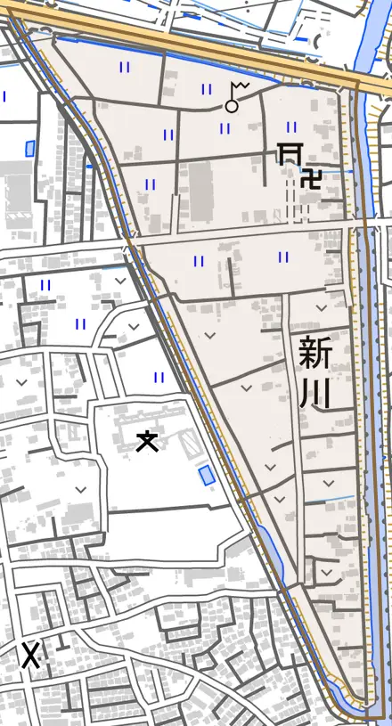 新川とその周辺の地図。町の範囲を重ねている