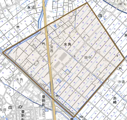水角とその周辺の地図。町の範囲を重ねている