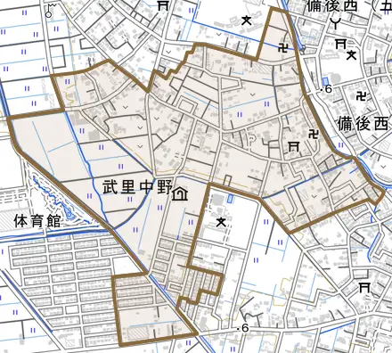 武里中野とその周辺の地図。町の範囲を重ねている