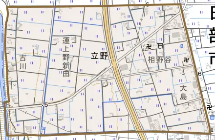 立野とその周辺の地図。町の範囲を重ねている