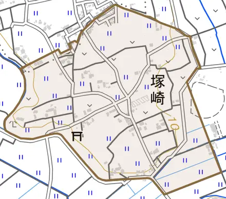 塚崎とその周辺の地図。町の範囲を重ねている