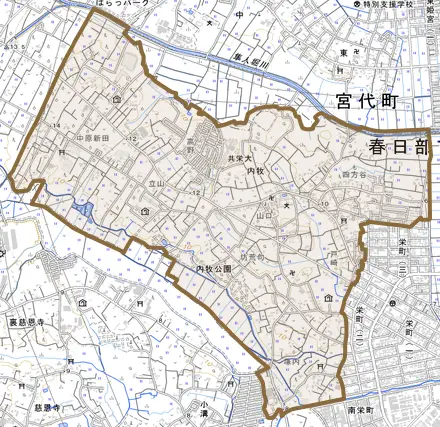 内牧とその周辺の地図。町の範囲を重ねている