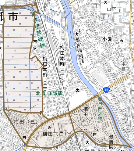 梅田とその周辺の地図。町の範囲を重ねている