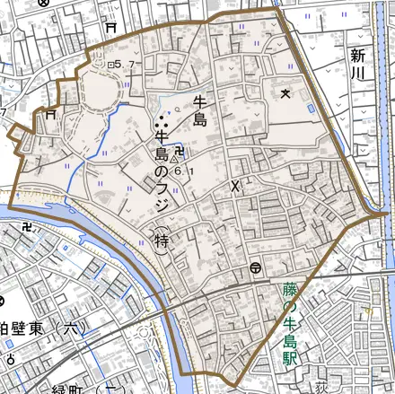 牛島とその周辺の地図。町の範囲を重ねている
