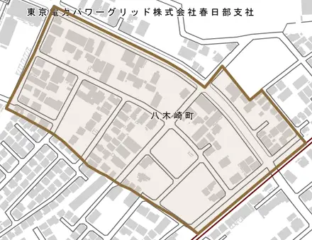 八木崎町とその周辺の地図。町の範囲を重ねている