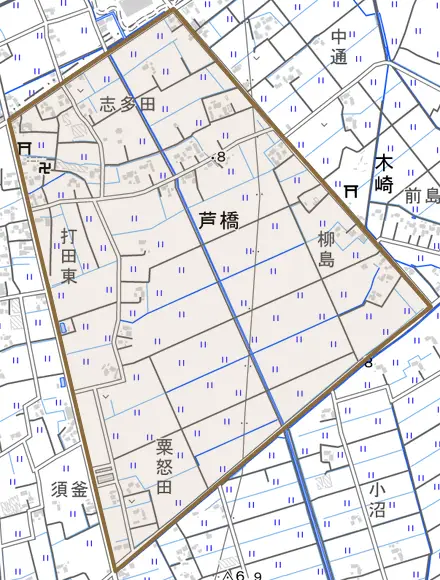 芦橋とその周辺の地図。町の範囲を重ねている