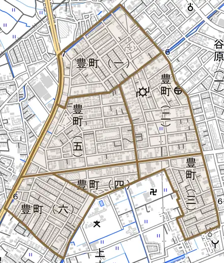 豊町とその周辺の地図。町の範囲を重ねている