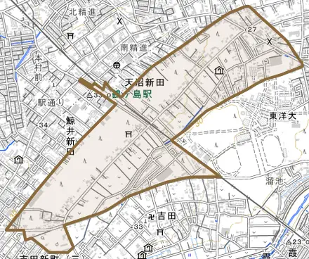 大字天沼新田とその周辺の地図。町の範囲を重ねている