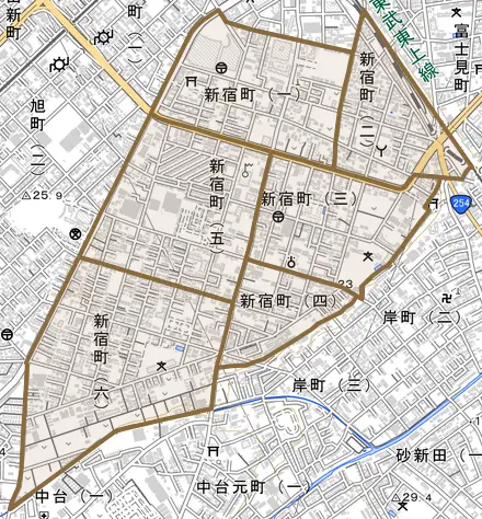新宿町とその周辺の地図。町の範囲を重ねている
