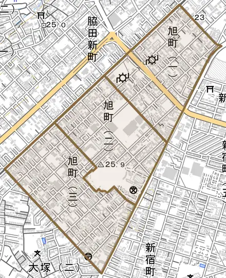 旭町とその周辺の地図。町の範囲を重ねている