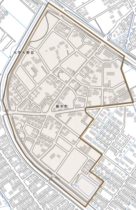 藤木町とその周辺の地図。町の範囲を重ねている