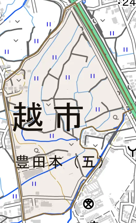 大字藤倉とその周辺の地図。町の範囲を重ねている