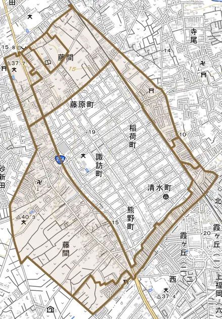 大字藤間とその周辺の地図。町の範囲を重ねている