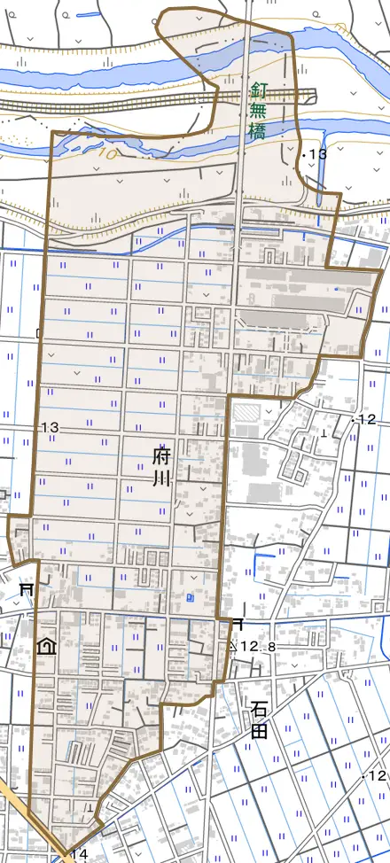大字府川とその周辺の地図。町の範囲を重ねている