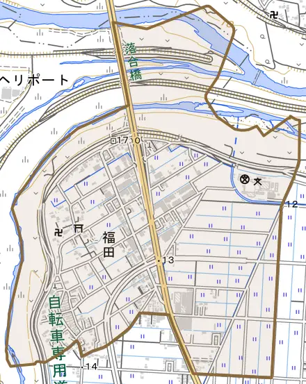 大字福田とその周辺の地図。町の範囲を重ねている