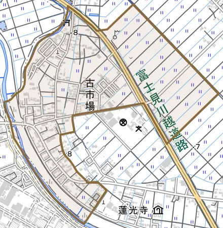 大字古市場とその周辺の地図。町の範囲を重ねている