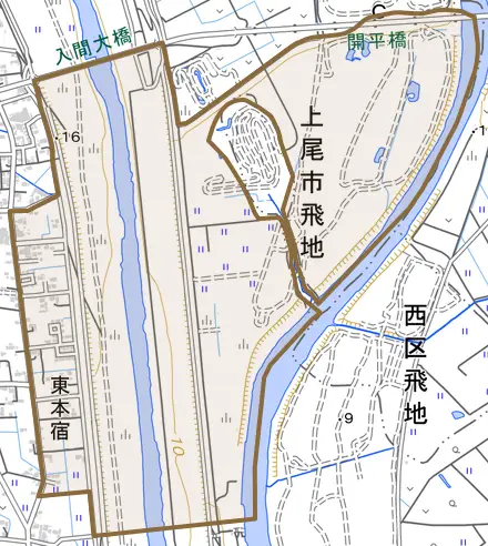 大字東本宿とその周辺の地図。町の範囲を重ねている