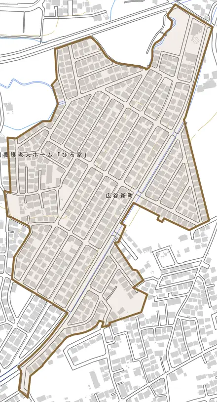 広谷新町とその周辺の地図。町の範囲を重ねている