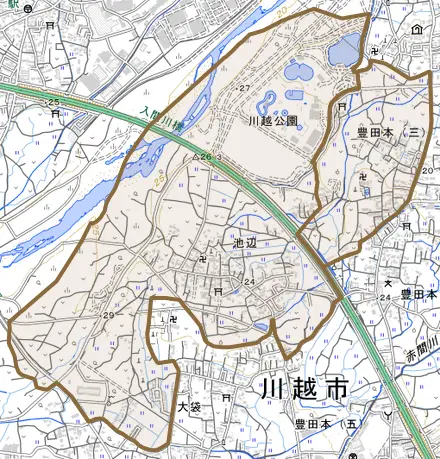 大字池辺とその周辺の地図。町の範囲を重ねている