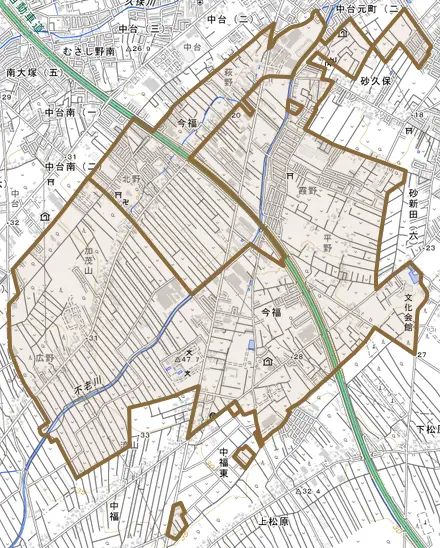 大字今福とその周辺の地図。町の範囲を重ねている