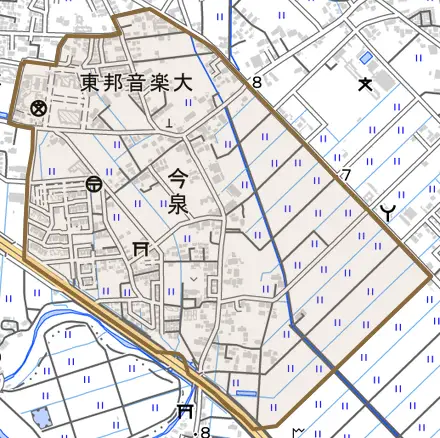 大字今泉とその周辺の地図。町の範囲を重ねている