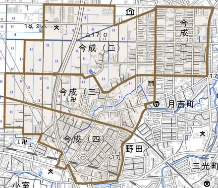 今成とその周辺の地図。町の範囲を重ねている