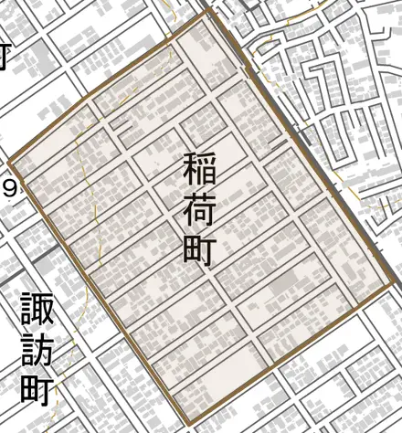 稲荷町とその周辺の地図。町の範囲を重ねている