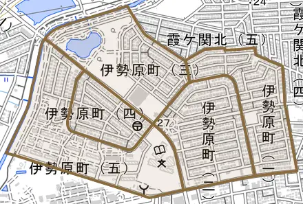伊勢原町とその周辺の地図。町の範囲を重ねている