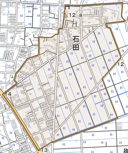 大字石田とその周辺の地図。町の範囲を重ねている