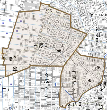 石原町とその周辺の地図。町の範囲を重ねている