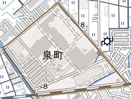 泉町とその周辺の地図。町の範囲を重ねている