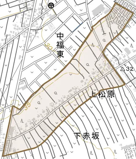 大字上松原とその周辺の地図。町の範囲を重ねている