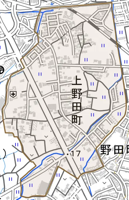 上野田町とその周辺の地図。町の範囲を重ねている