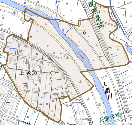 大字上老袋とその周辺の地図。町の範囲を重ねている