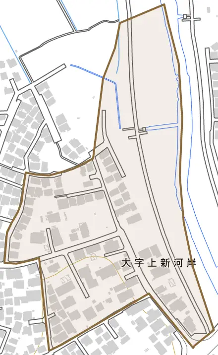 大字上新河岸とその周辺の地図。町の範囲を重ねている