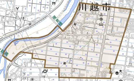 大字上寺山とその周辺の地図。町の範囲を重ねている