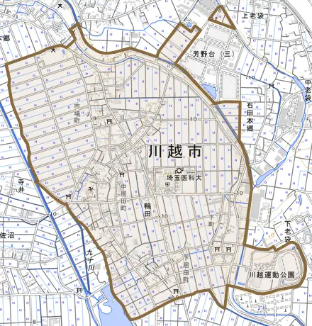 大字鴨田とその周辺の地図。町の範囲を重ねている