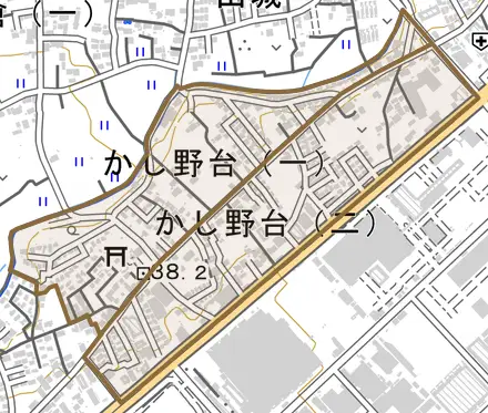 かし野台とその周辺の地図。町の範囲を重ねている