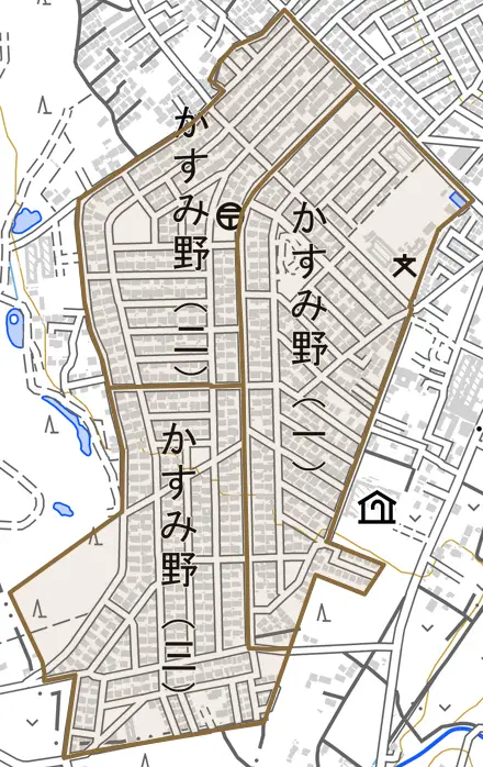 かすみ野とその周辺の地図。町の範囲を重ねている