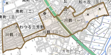 川鶴とその周辺の地図。町の範囲を重ねている