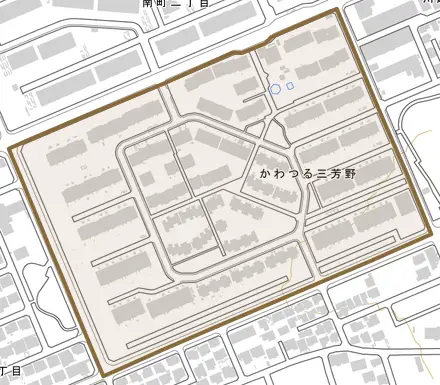 かわつる三芳野とその周辺の地図。町の範囲を重ねている