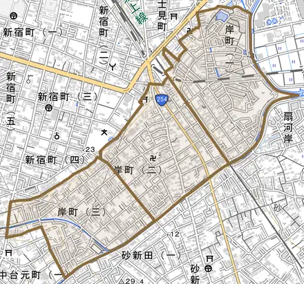岸町とその周辺の地図。町の範囲を重ねている