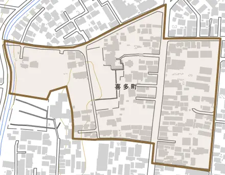 喜多町とその周辺の地図。町の範囲を重ねている