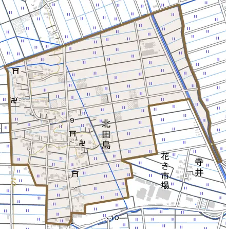 大字北田島とその周辺の地図。町の範囲を重ねている