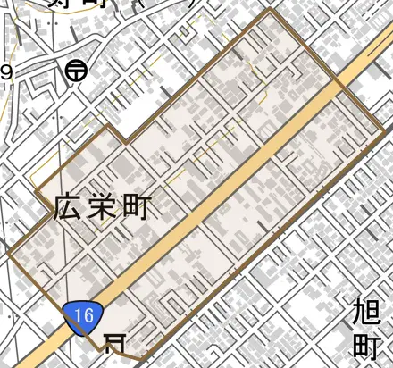 広栄町とその周辺の地図。町の範囲を重ねている